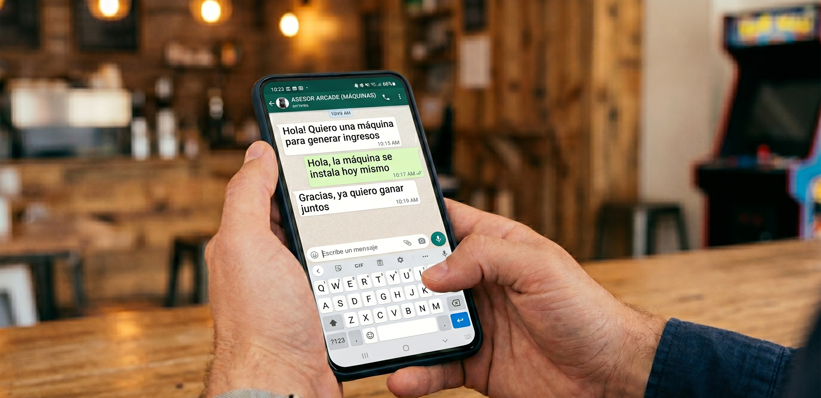 Chat de WhatsApp consultando sobre máquinas arcade