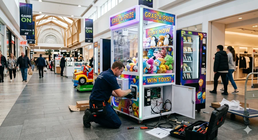 Técnico instalando máquina arcade en local comercial